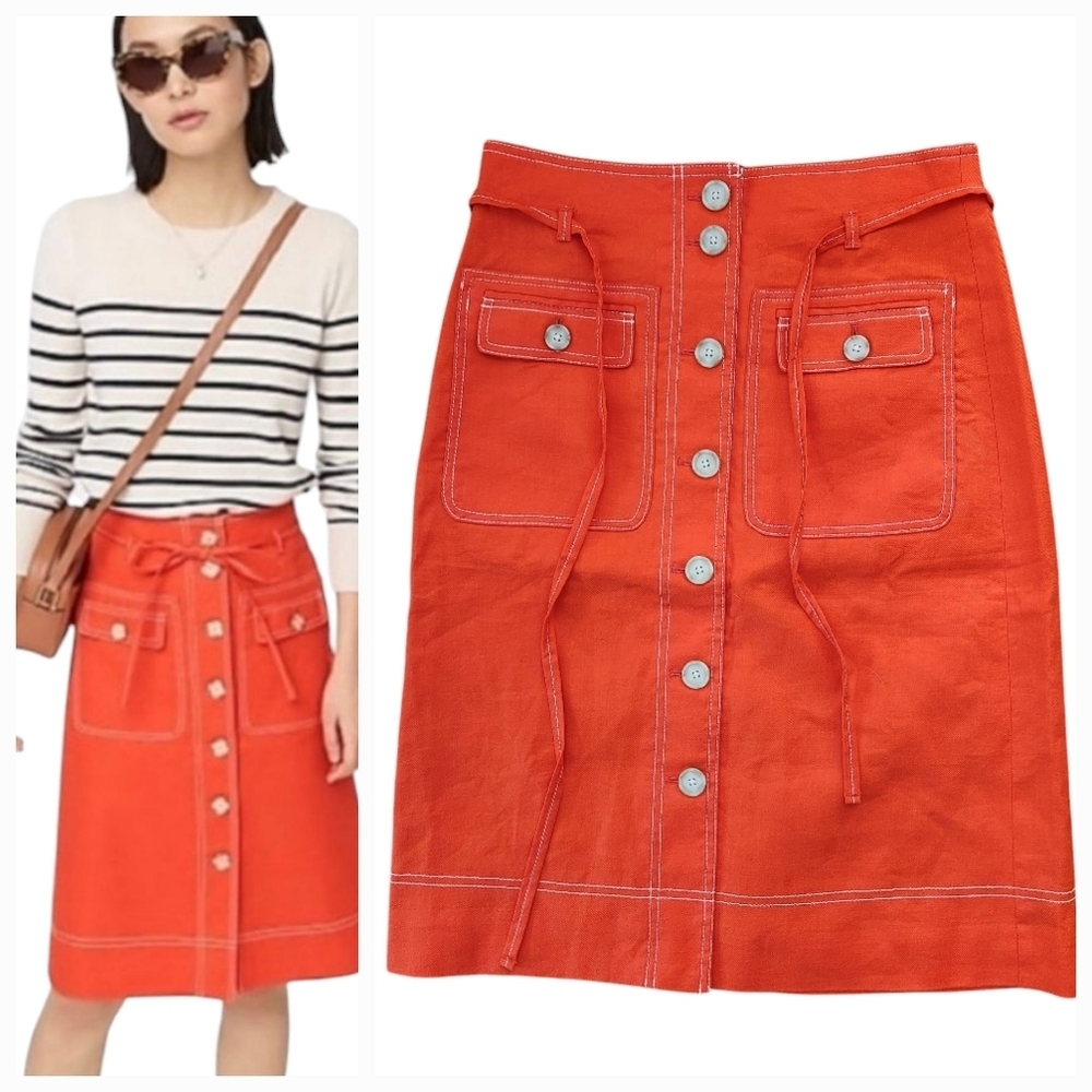 J. Crew Button-Up Skirt Linen Blend in Orange